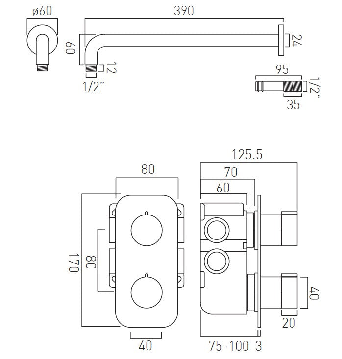 Vado Tablet Altitude Round- 2 outlet thermostatic shower Set with slide rail shower