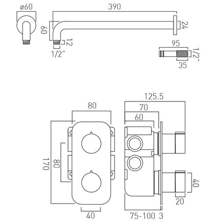 Vado Tablet Altitude Round- 2 outlet thermostatic shower Set with slide rail shower