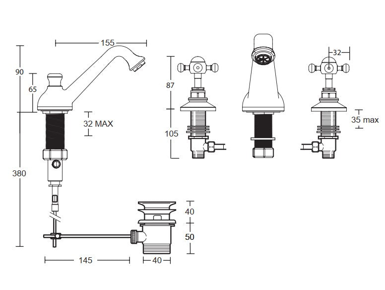 Imperial Lichfield 3 Hole Basin Mixer