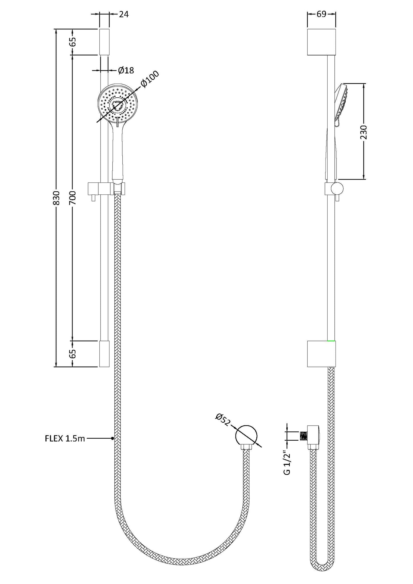 Hudson Reed Round Slimline Slide Rail Kit with multi-function handset - H830mm