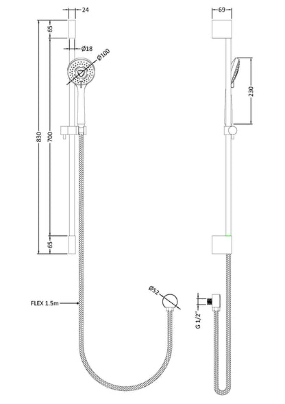 Hudson Reed Round Slimline Slide Rail Kit with multi-function handset - H830mm