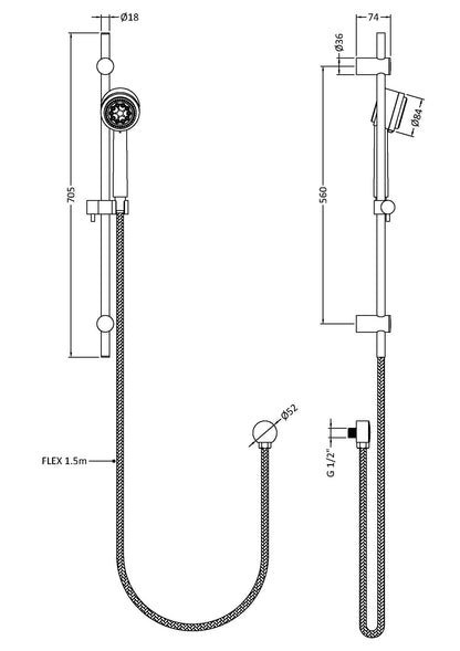 Hudson Reed Round Linear Slide Rail Kit With multi-function handset - H705mm