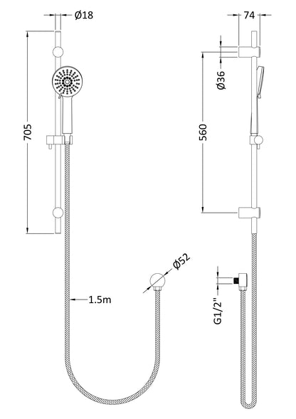 Hudson Reed Round 25% Water Saving Slide Rail Kit With multi-function air induction handset - H720mm