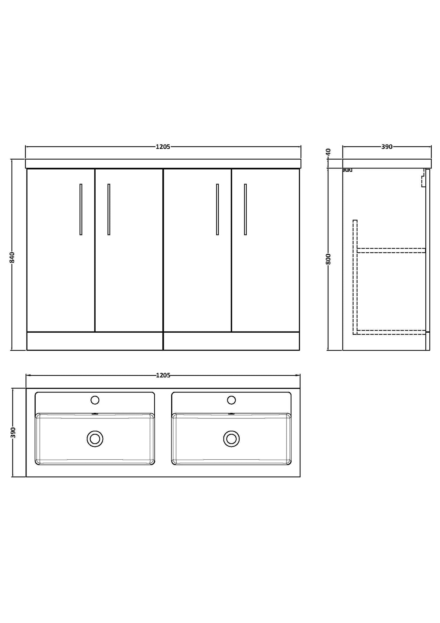 Nuie Arno 1200mm Floor Standing 4 Door Vanity & Double Basin/Worktop