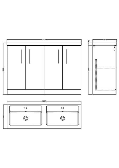 Nuie Arno 1200mm Floor Standing 4 Door Vanity & Double Basin/Worktop