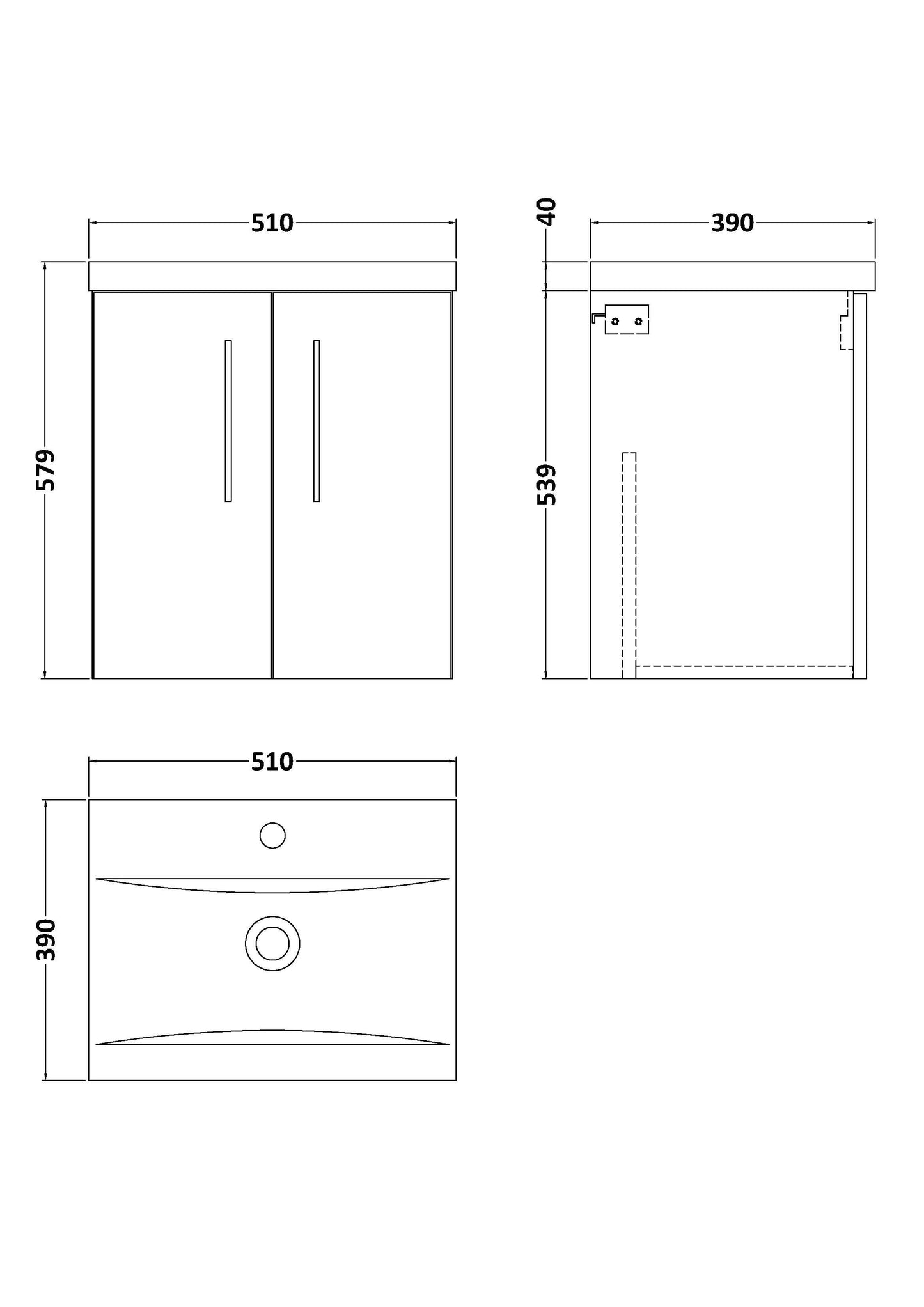 Nuie Arno 500mm Wall Hung 2 Door Vanity & Basin/worktop