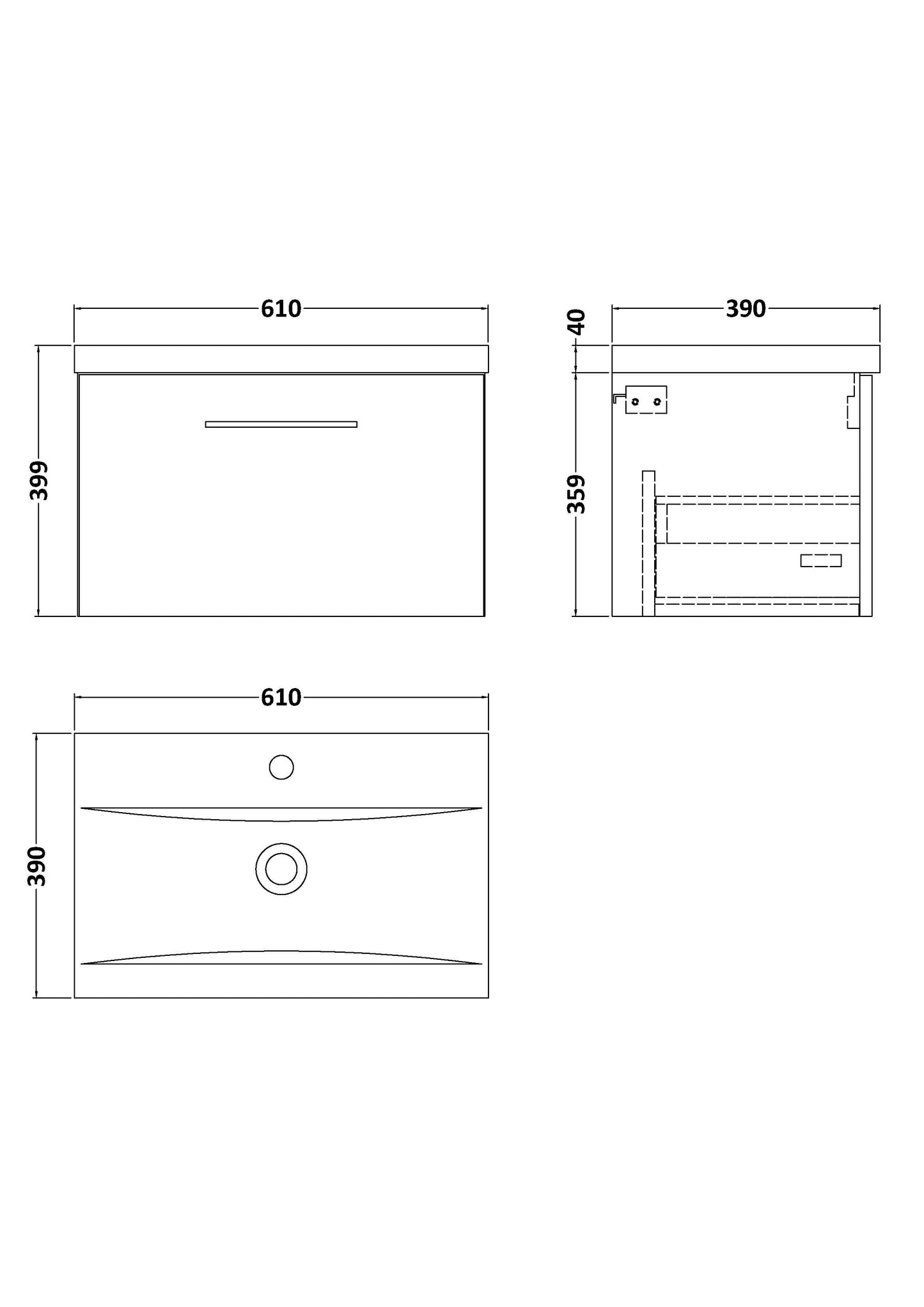 Nuie Arno 600mm Wall Hung 1 Drawer Vanity & Basin/worktop