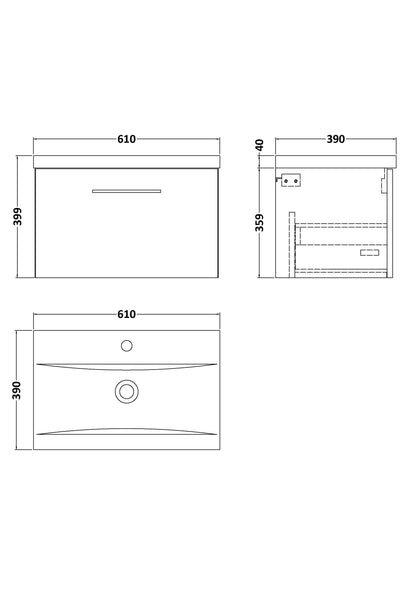 Nuie Arno 600mm Wall Hung 1 Drawer Vanity & Basin/worktop