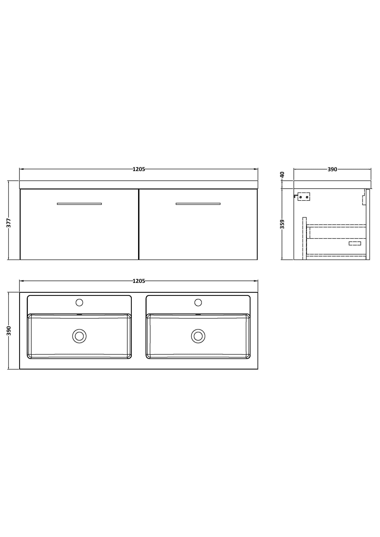 Nuie Arno 1200mm Wall Hung 2 Drawer Vanity & Double Basin/Worktop