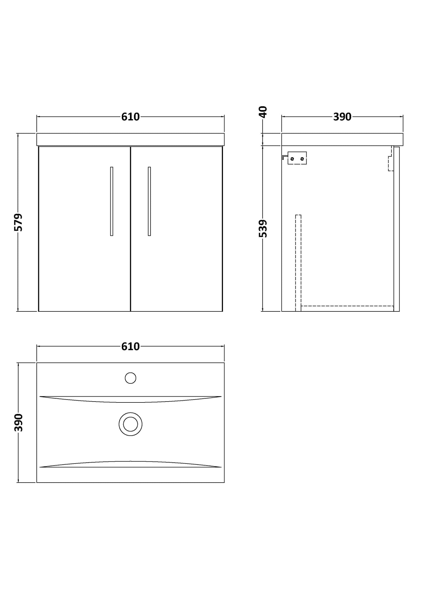 Nuie Arno 600mm Wall Hung 2 Door Vanity & Basin/Worktop