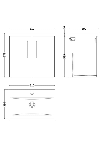 Nuie Arno 600mm Wall Hung 2 Door Vanity & Basin/Worktop