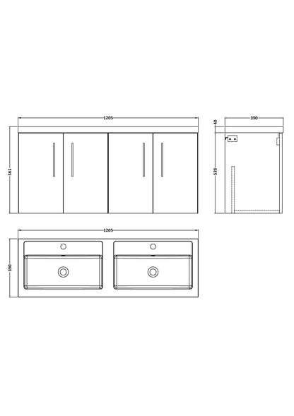 Nuie Arno 1200mm Wall Hung 4 Door Vanity & Double Basin/Worktop