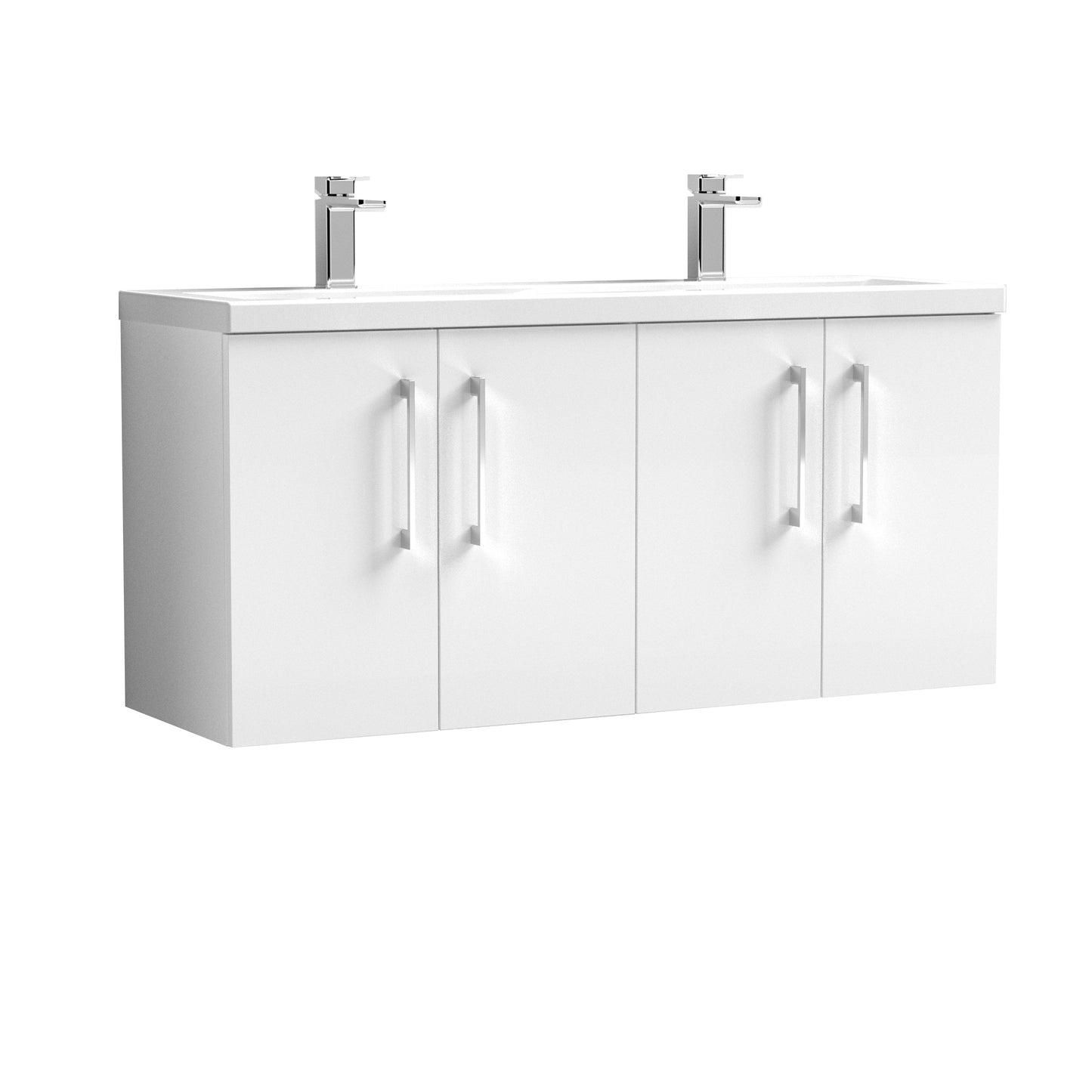 Nuie Arno 1200mm Wall Hung 4 Door Vanity & Double Basin/Worktop