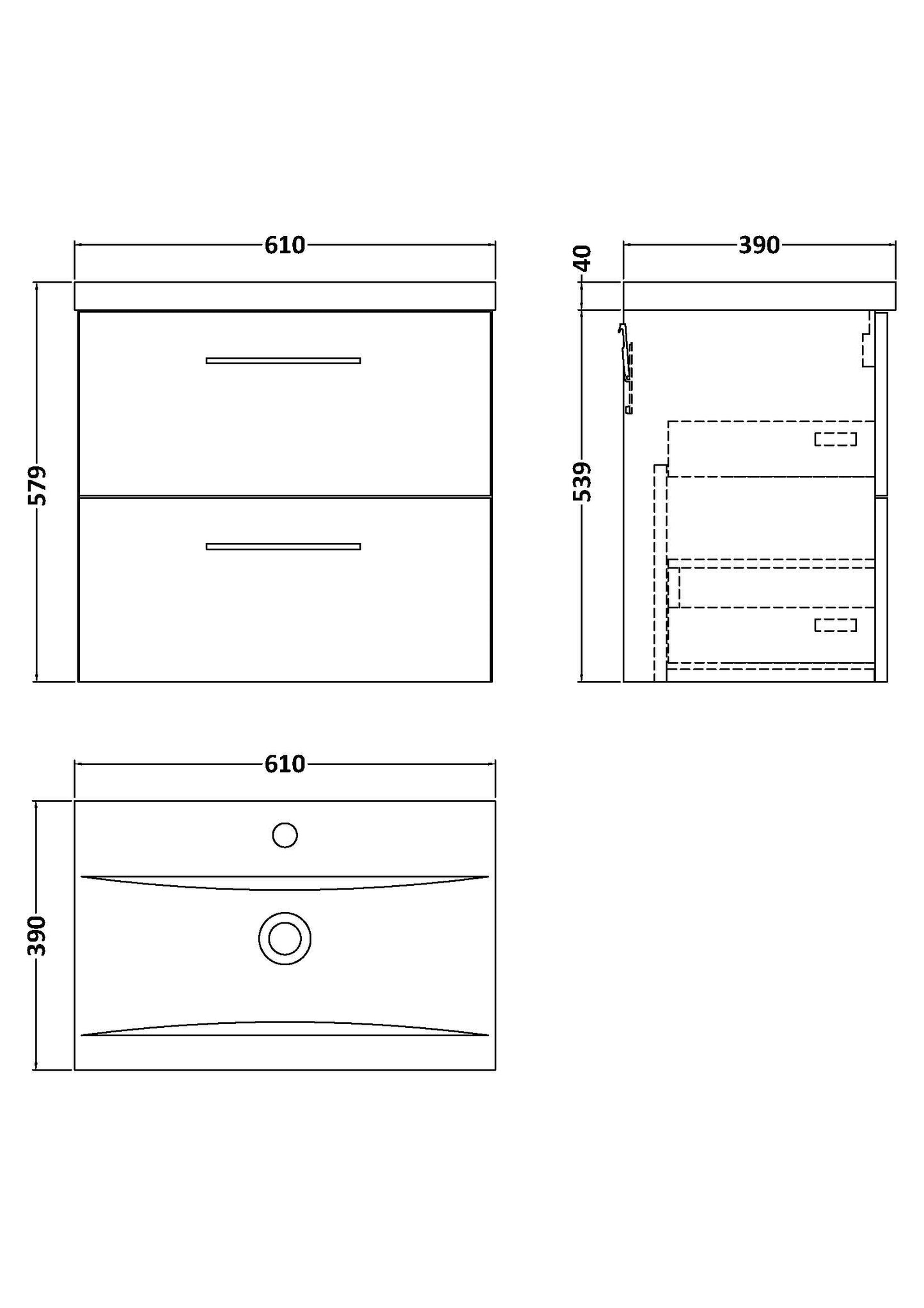 Nuie Arno 600mm Wall Hung 2 Drawer Vanity & Basin/worktop