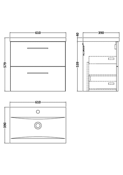 Nuie Arno 600mm Wall Hung 2 Drawer Vanity & Basin/worktop