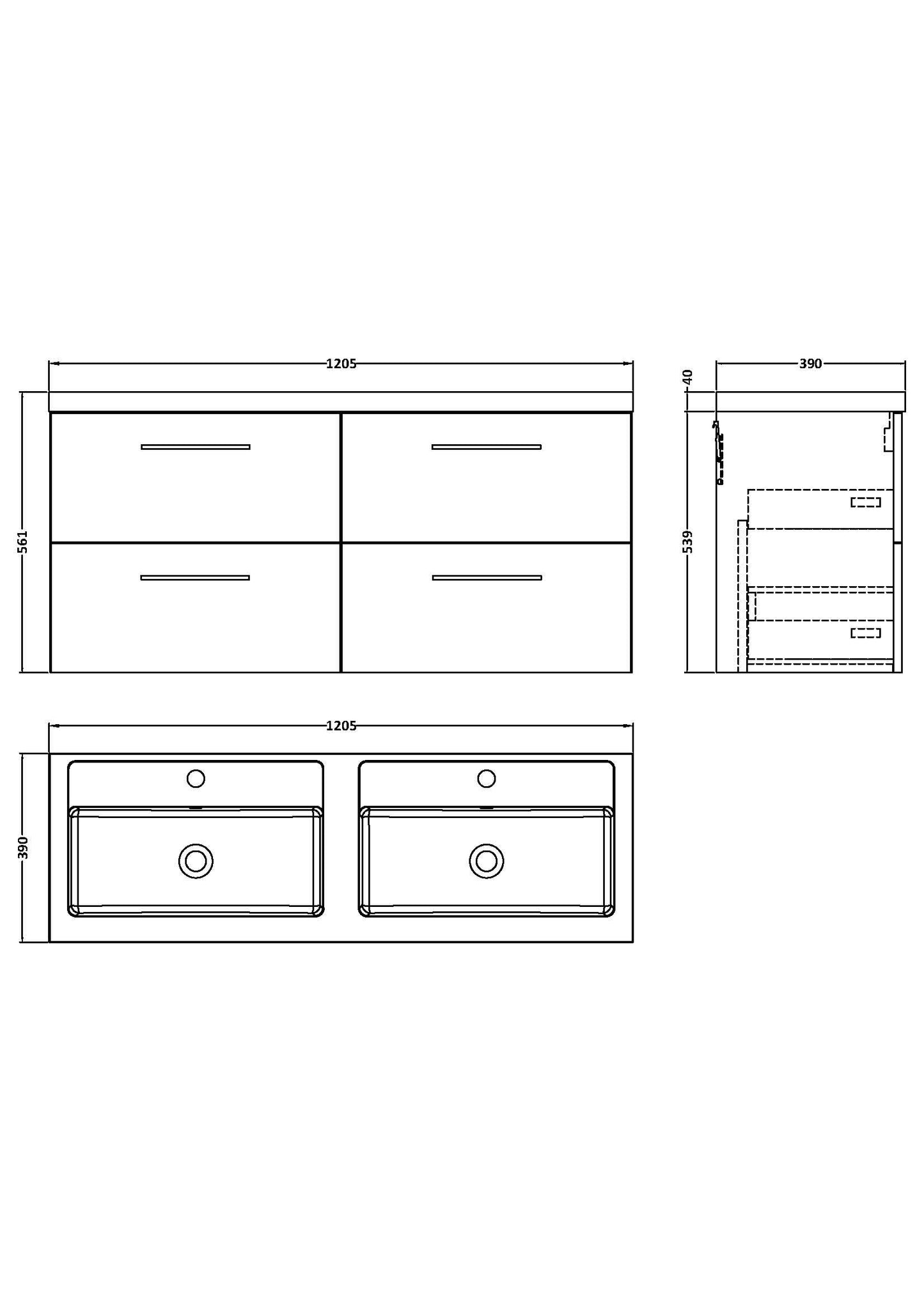 Nuie Arno 1200mm Wall Hung 4 Drawer Vanity & Double Basin/worktop