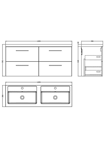 Nuie Arno 1200mm Wall Hung 4 Drawer Vanity & Double Basin/worktop