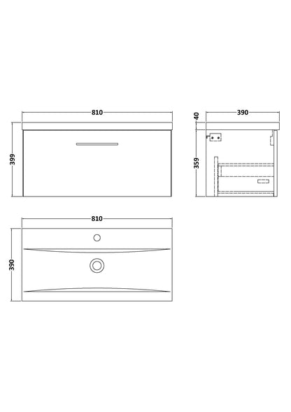 Nuie Arno 800mm Wall Hung 1 Drawer Vanity & Basin/worktop