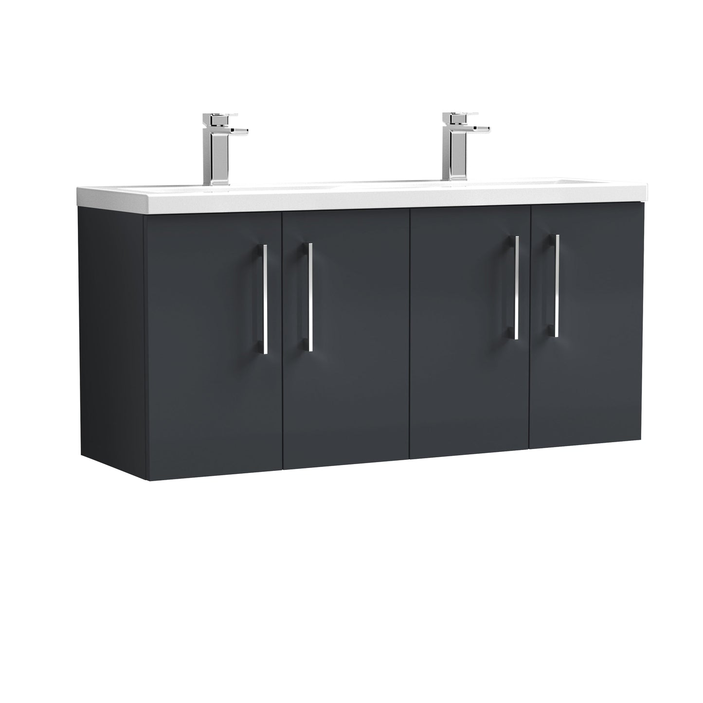 Nuie Arno 1200mm Wall Hung 4 Door Vanity & Double Basin/Worktop