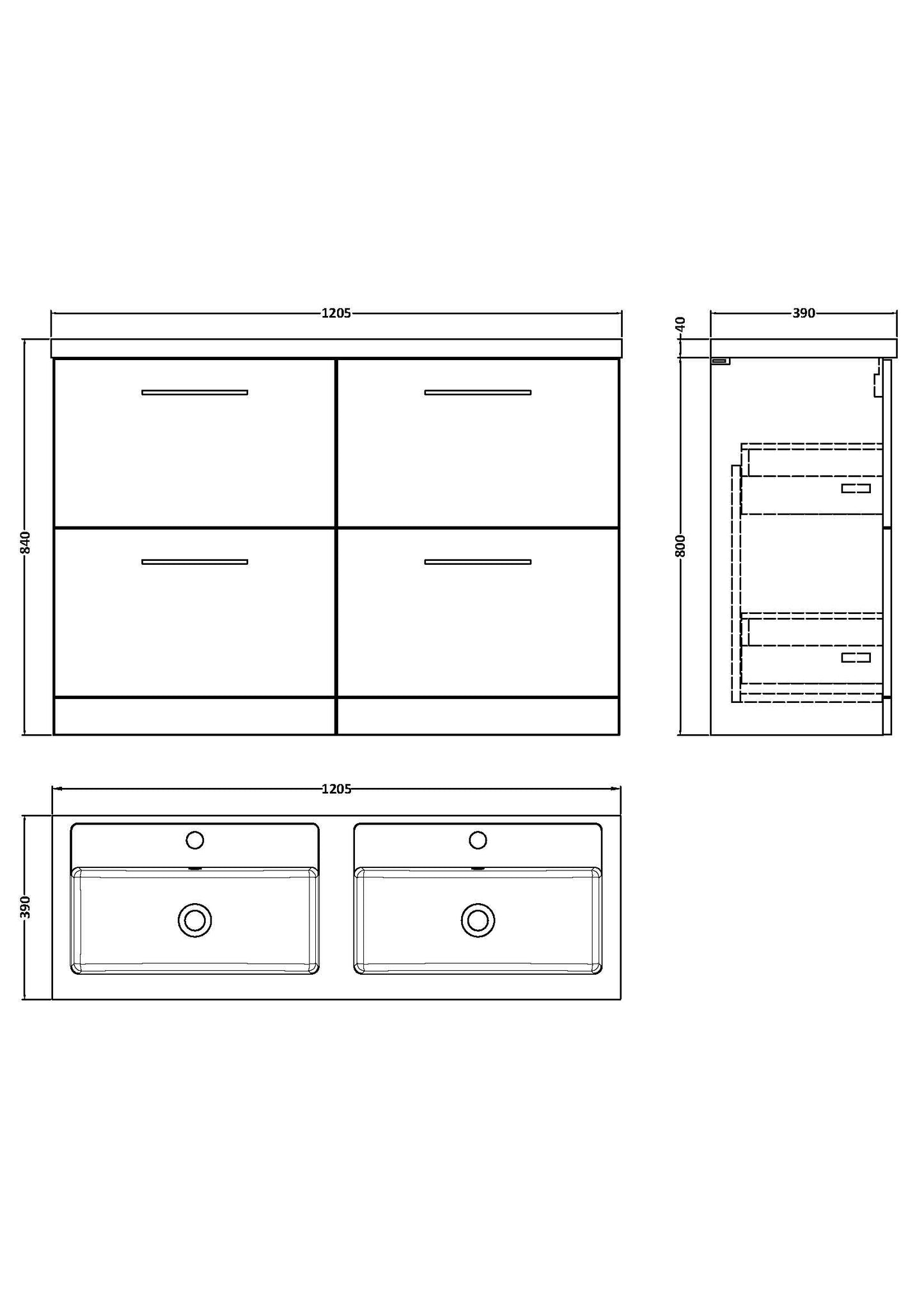 Nuie Arno 1200mm Floor Standing 4 Drawer Vanity & Double Basin/Worktop