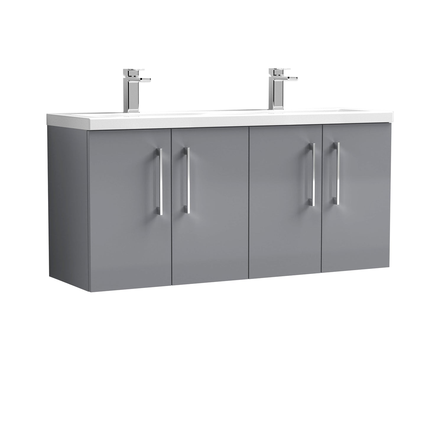 Nuie Arno 1200mm Wall Hung 4 Door Vanity & Double Basin/Worktop