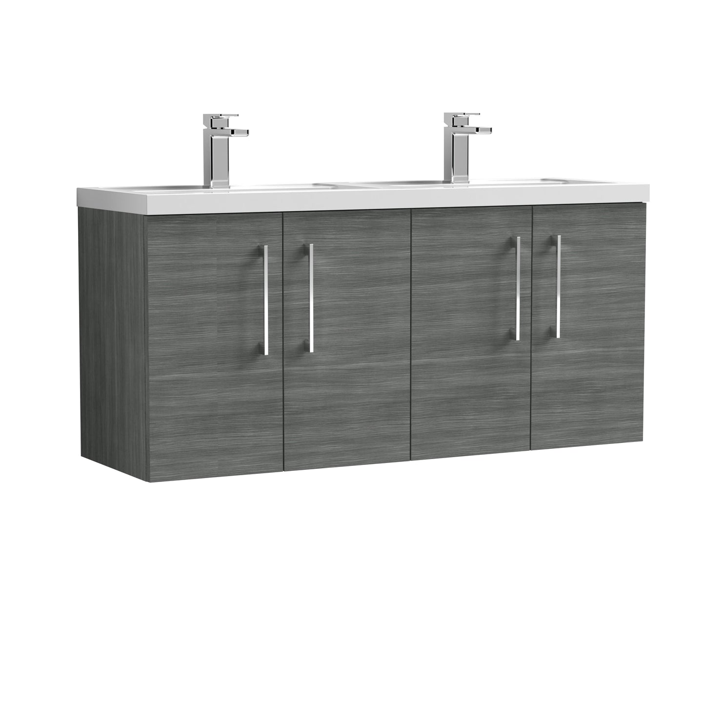 Nuie Arno 1200mm Wall Hung 4 Door Vanity & Double Basin/Worktop