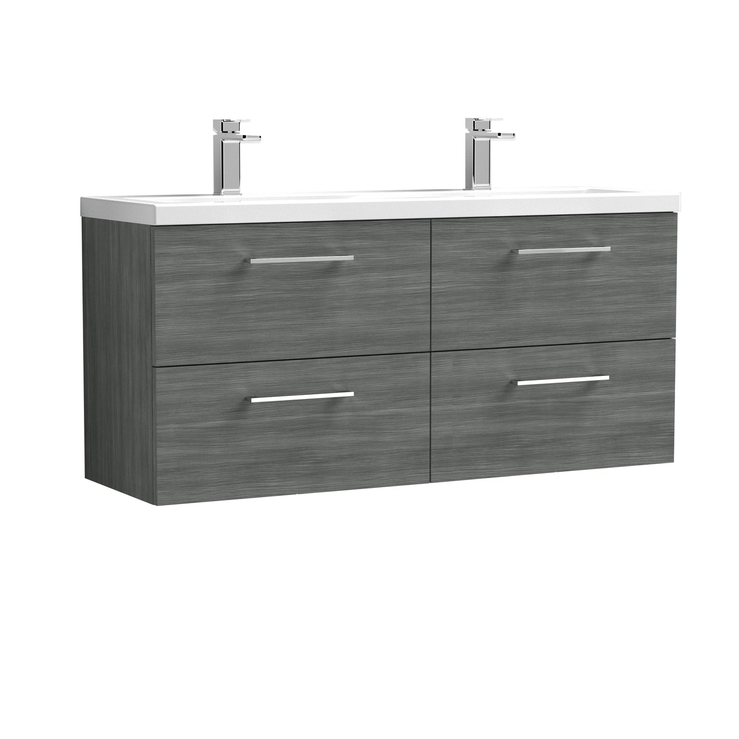 Nuie Arno 1200mm Wall Hung 4 Drawer Vanity & Double Basin/worktop