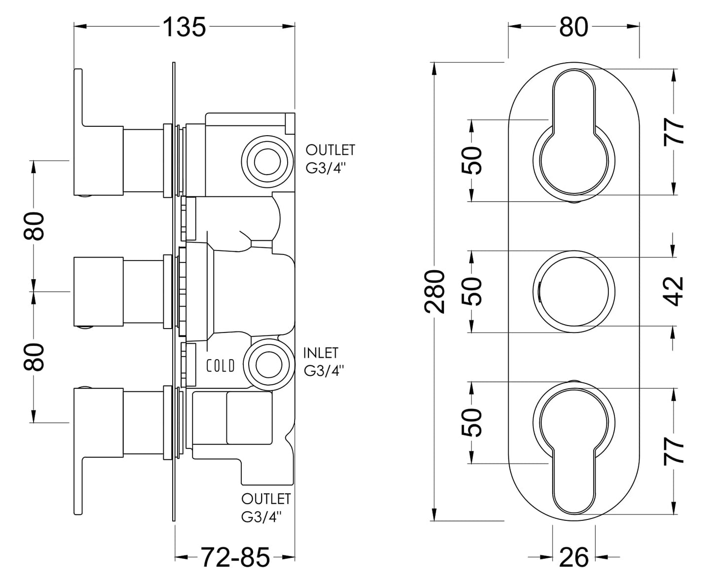 Nuie Arvan Triple Thermostatic Valve with Diverter