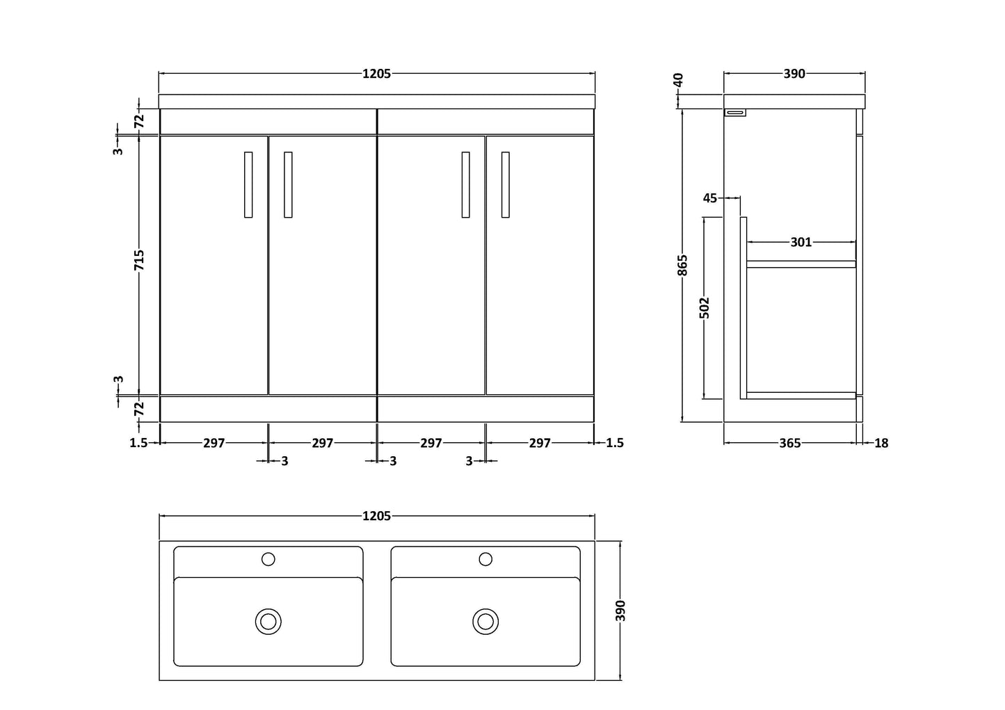 Nuie Athena 1200mm Floorstanding 4 Door Cabinet with Basin