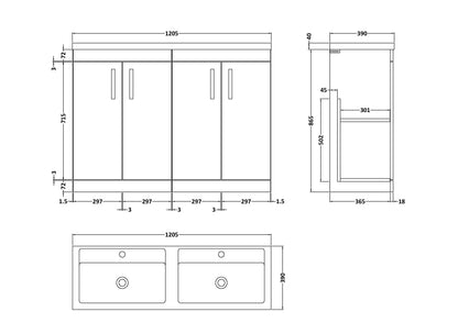 Nuie Athena 1200mm Floorstanding 4 Door Cabinet with Basin