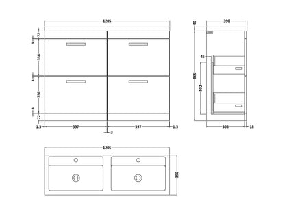 Nuie Athena 1200mm Floorstanding 4 Drawer Cabinet with Basin