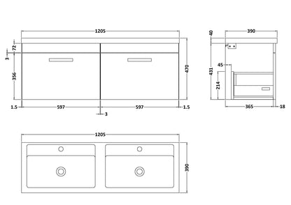 Nuie Athena Wall Hung 1200mm 2 Drawer Cabinet with Double Basin