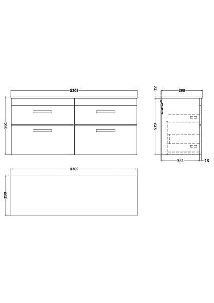 Nuie Athena 1200mm Wall Hung 4-Drawer Unit & Laminate Worktop