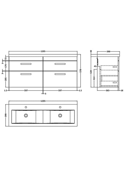 Nuie Athena Wall Hung 1200mm 4 Drawer Cabinet with Double Basin