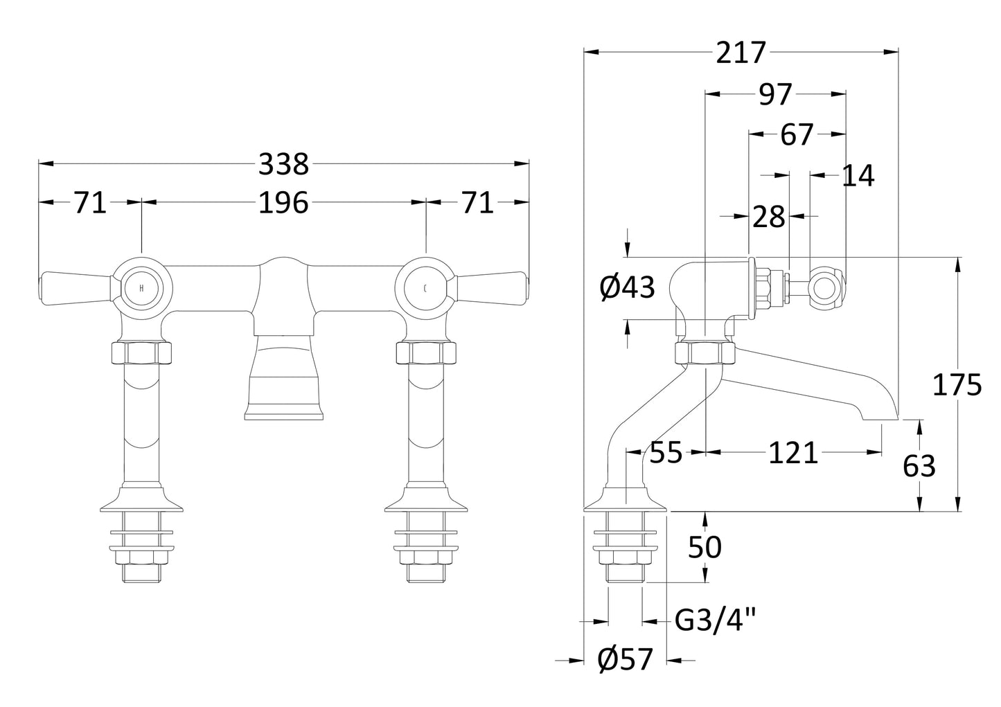 Hudson Reed Topaz Lever Hexagonal Deck Mounted Bath Filler