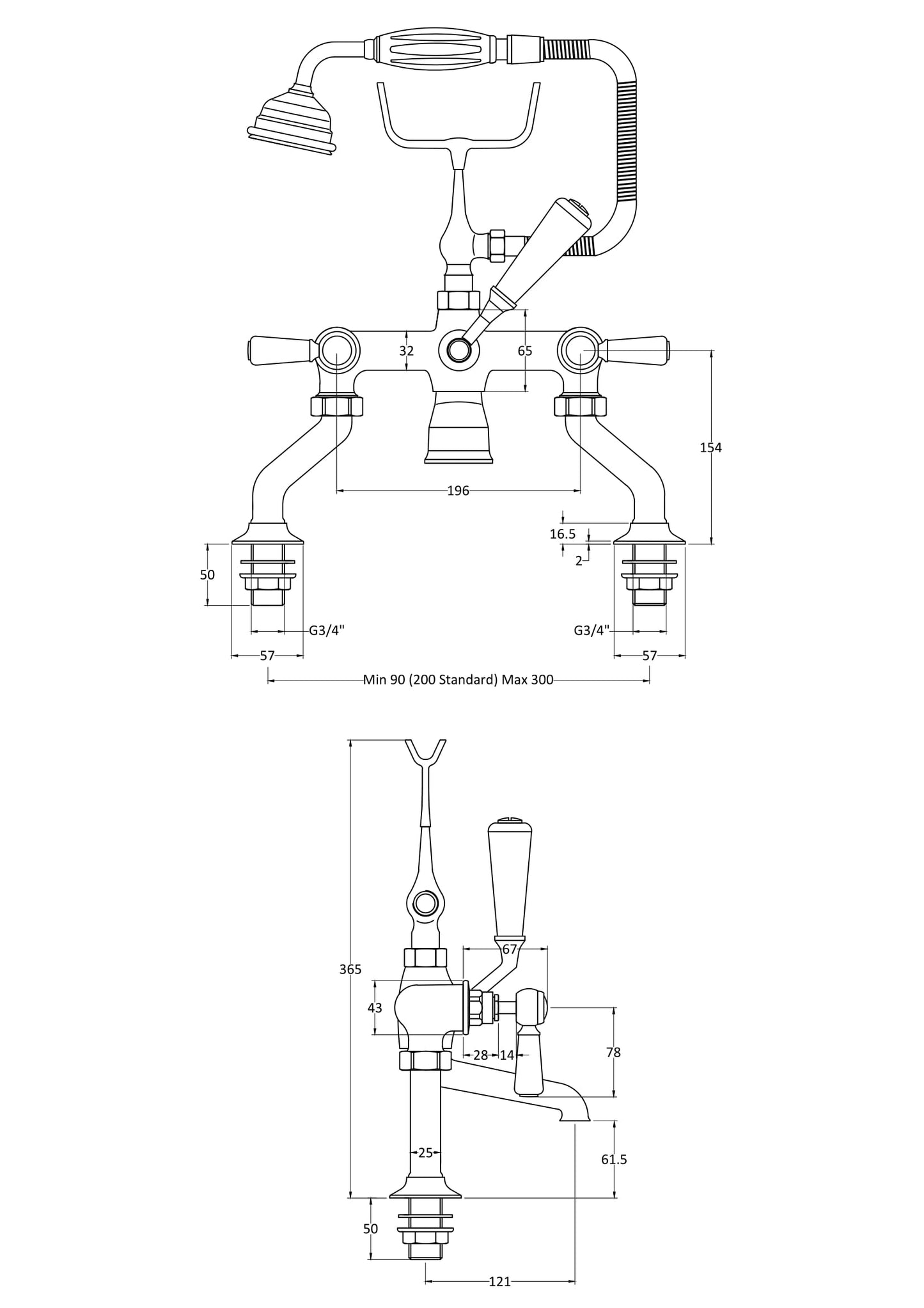 Hudson Reed Topaz Lever Hexagonal Deck Mounted Bath Shower Mixer With shower kit