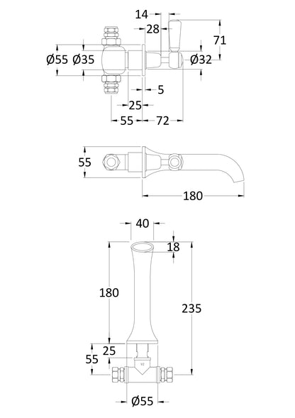 Hudson Reed Topaz Lever Dome 3 Tap Hole Wall Mounted Basin Mixer