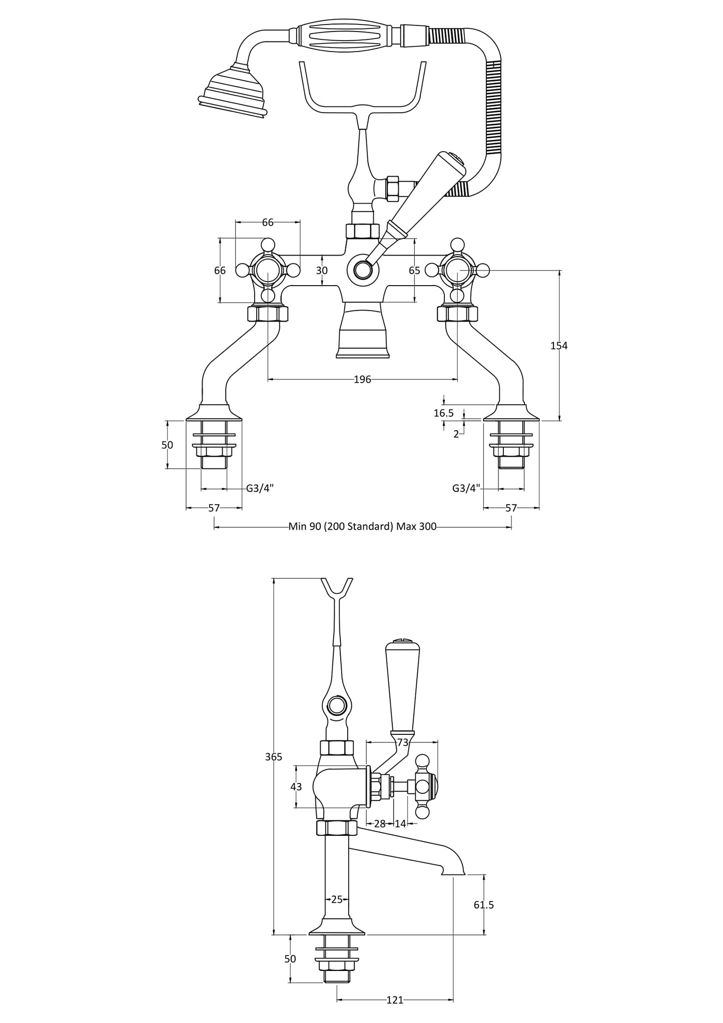 Hudson Reed Topaz Crosshead Hexagonal Deck Mounted Bath Shower Mixer With shower kit