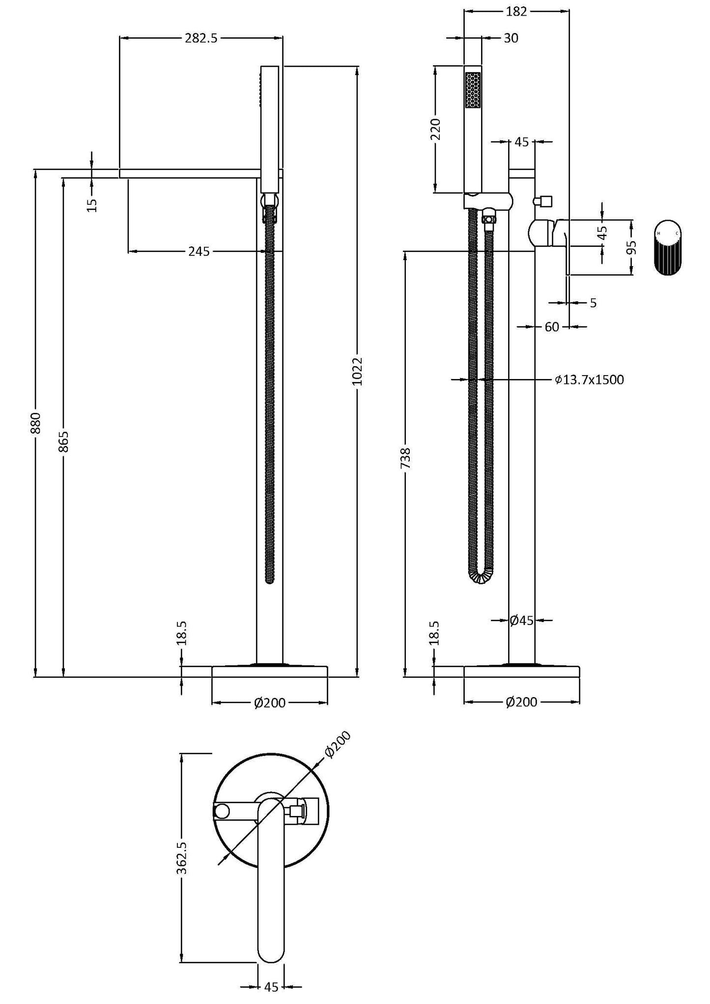 Nuie Cyprus Freestanding Bath Shower Mixer with Kit