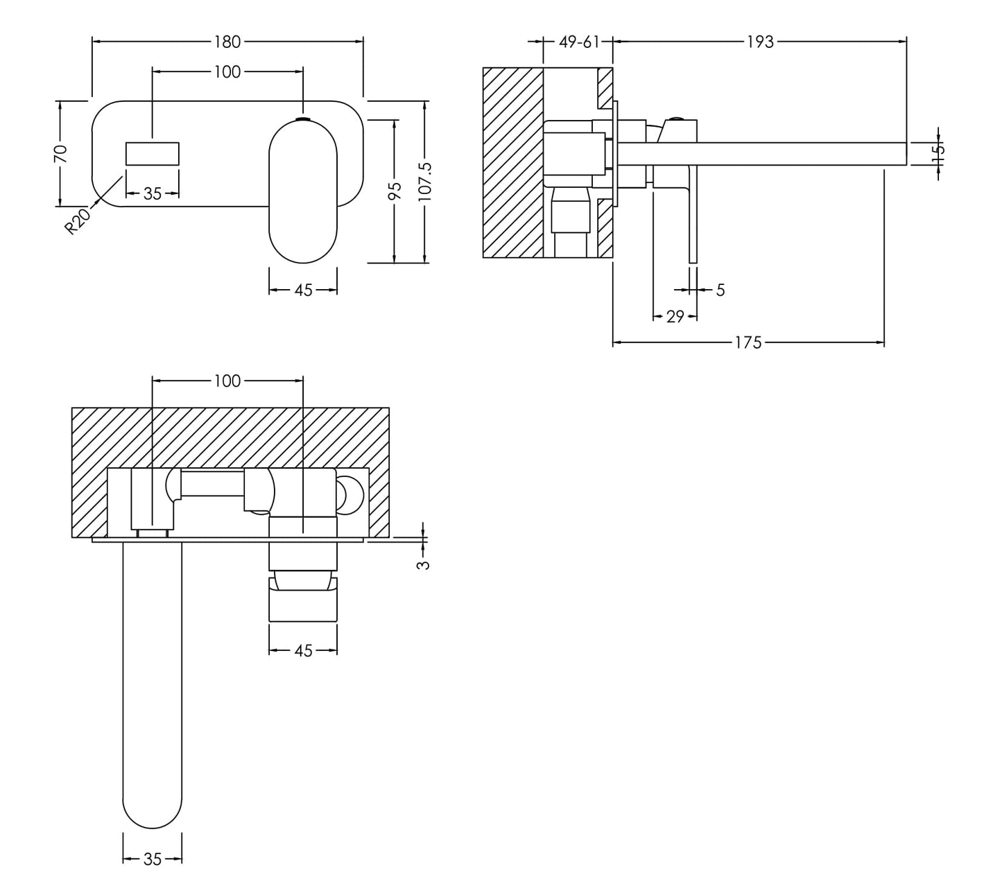 Nuie Binsey Wall Mounted 2 Tap Hole Basin Mixer With Plate