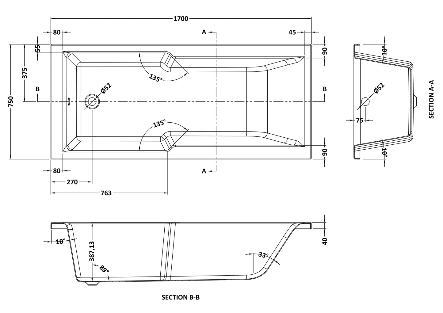 Nuie Eternalite Square Straight 1700 x 750mm Shower Bath