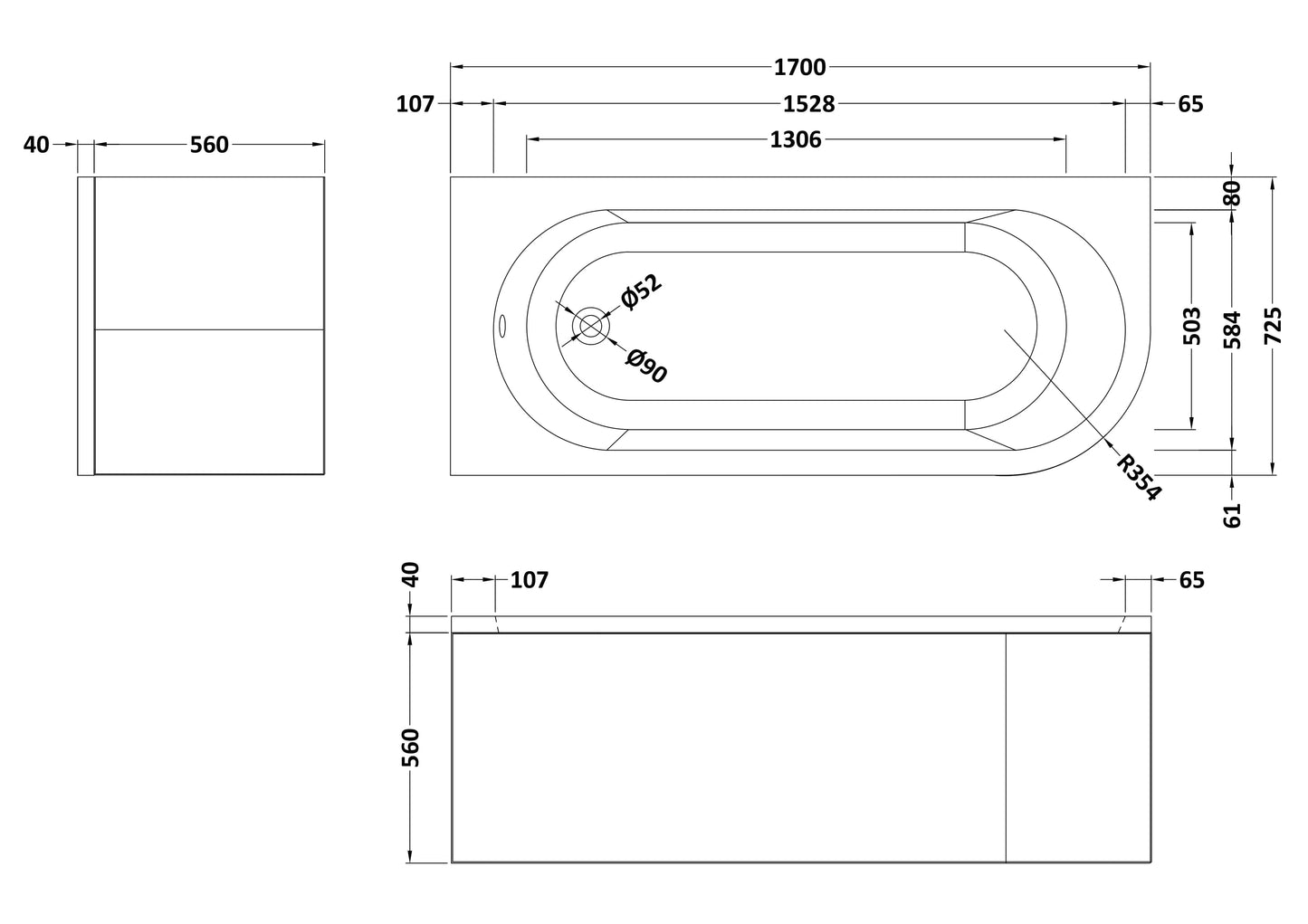 Nuie Crescent Curved Standard Bath with Panel