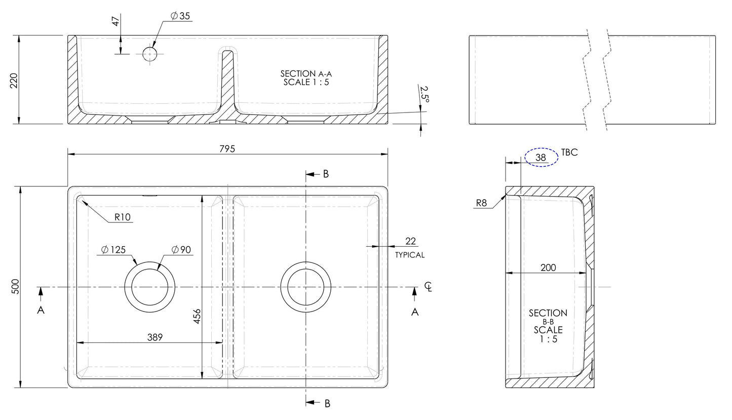 Nuie Butler Sink Stepped Weir & Overflow 795 x 500 x 220