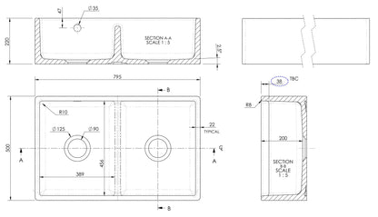 Nuie Butler Sink Stepped Weir & Overflow 795 x 500 x 220