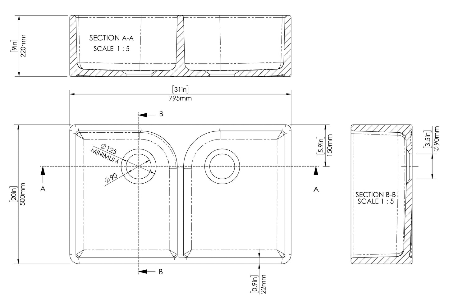 Nuie Butler Sink Full Weir 795 x 500 x 220