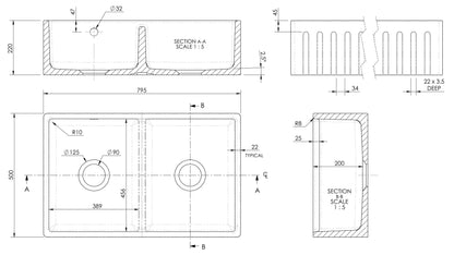 Nuie Butler Sink Deco Stepped Weir & Overflow 795 x 500 x 220