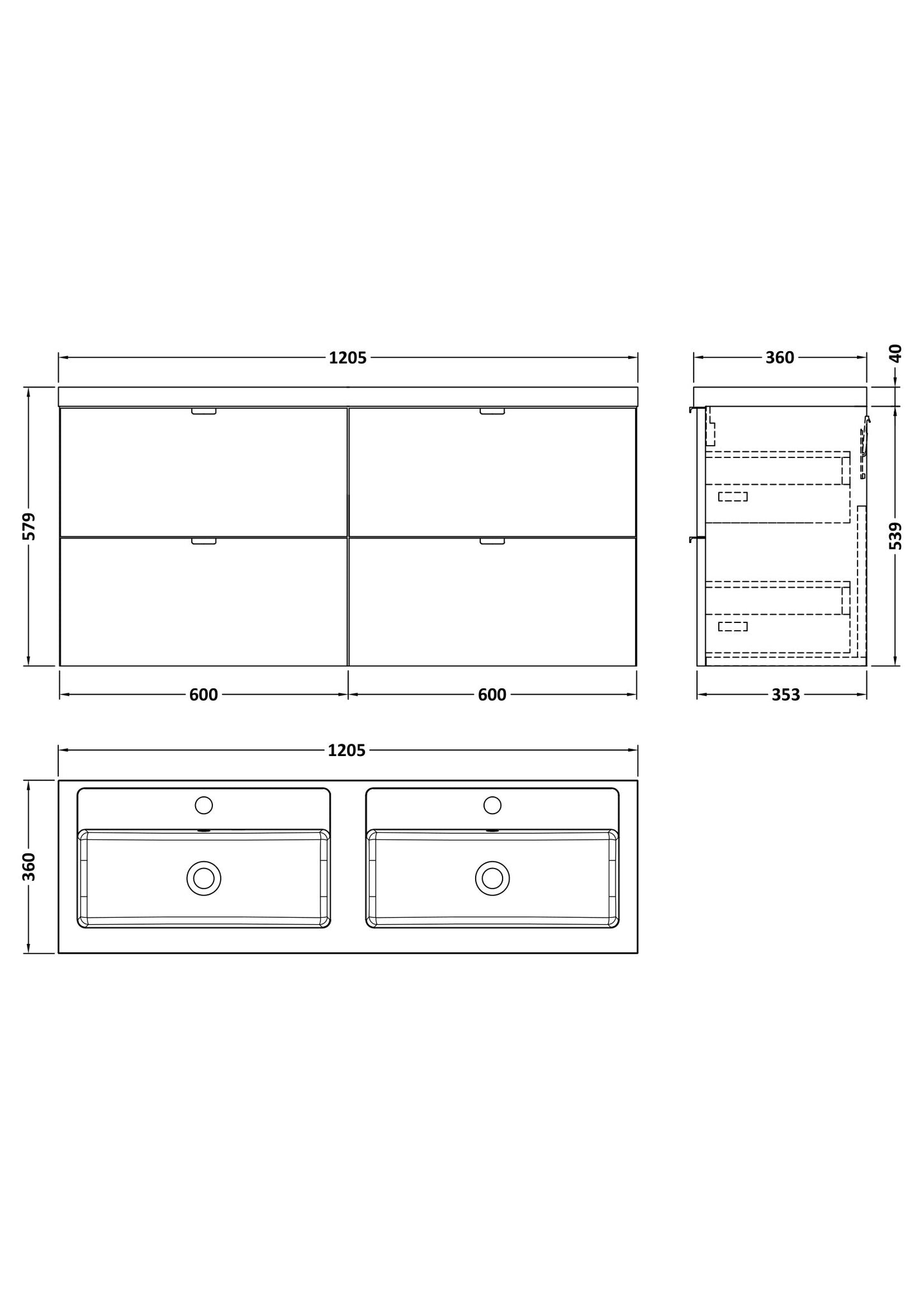 Hudson Reed Fusion 1200mm Full Depth Wall Hung 4-Drawer Vanity Unit with Twin Basin