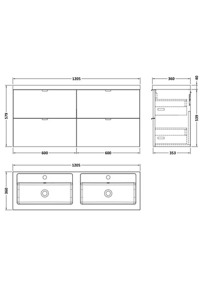 Hudson Reed Fusion 1200mm Full Depth Wall Hung 4-Drawer Vanity Unit with Twin Basin