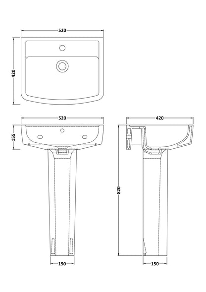 Nuie Bliss 520mm 1TH Basin & Pedestal