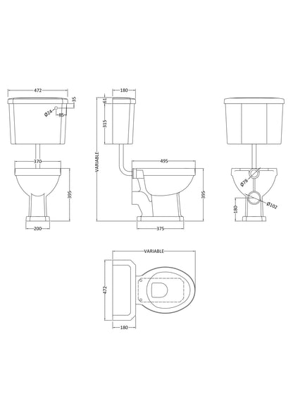 Nuie Carlton Low Level Toilet with Cistern & Pipe Kit